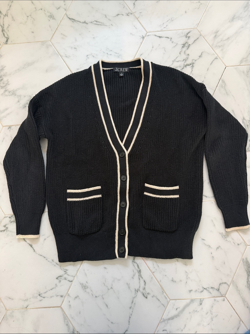 J. Crew Black Cardigan with Cream Trim and Pocket Stripes